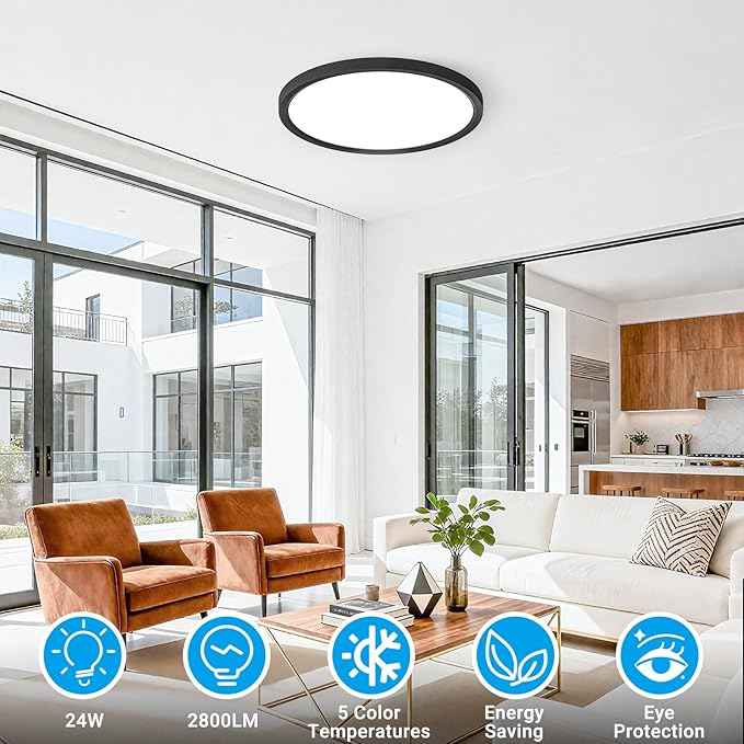 4 Pack LED Flush Mount Ceiling Light,12Inch 24W,3000K/3500K/4000K/5000K/6500K 5 Color Temperatures Ceiling Light Fixture for Kitchen Porch Hallway Bedroom Bathroom and Closet,Black
