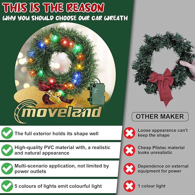 moveland 11" LED Christmas Car Wreath - 5 Colors Lights Artificial Christmas Wreath with Bow and Bells - Christmas Decoration for Golf Carts Jeeps Trucks SUVs Decor