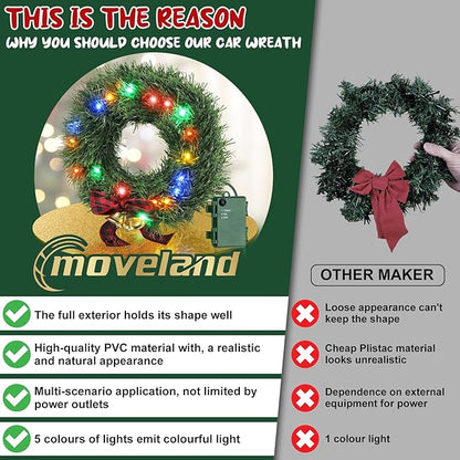 moveland 11" LED Christmas Car Wreath - 5 Colors Lights Artificial Christmas Wreath with Bow and Bells - Christmas Decoration for Golf Carts Jeeps Trucks SUVs Decor