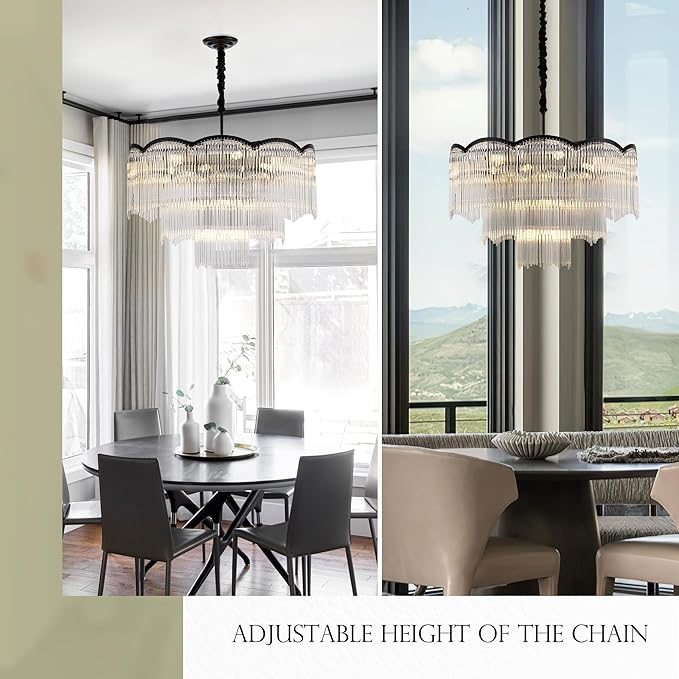 27.75" Black Clear Glass Crystal Chandelier 14-Light Modern Crystal Pendant Ceiling Light Fixture 4-Tier Luxury Glass Chandeliers,for Dining Room Kitchen Island Living Room Bedroom