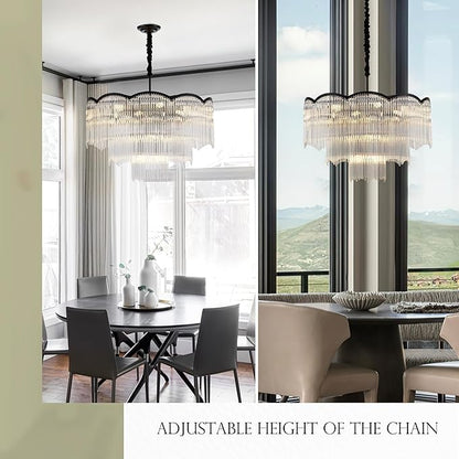 27.75" Black Clear Glass Crystal Chandelier 14-Light Modern Crystal Pendant Ceiling Light Fixture 4-Tier Luxury Glass Chandeliers,for Dining Room Kitchen Island Living Room Bedroom
