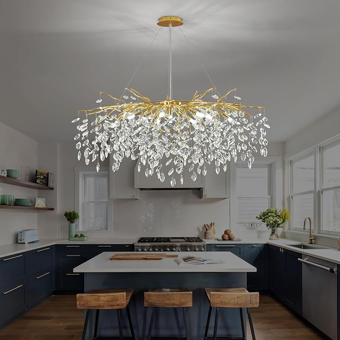 Modern Crystal Tree Branch Chandelier Gold L40'', Large Art Deco Linear Rectangle Raindrop Indoor Hanging Lighting Fixture for Dining Room Kitchen Island Living Room 12 Lights