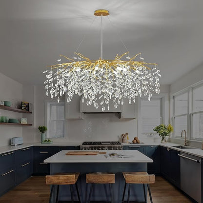 Modern Crystal Tree Branch Chandelier Gold L40'', Large Art Deco Linear Rectangle Raindrop Indoor Hanging Lighting Fixture for Dining Room Kitchen Island Living Room 12 Lights