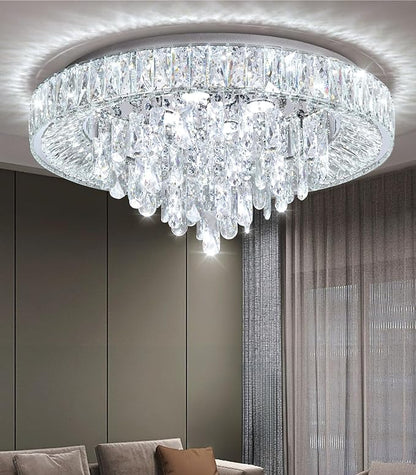 23.6" Modern Crystal Chandeliers LED Dimmable Flush Mount Ceiling Chandeliers for Living Room Entrance Foyer Bedroom Silver