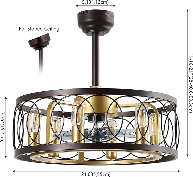 JONATHAN Y 21.6" Oil Rubbed Bronze/Gold Painting Caged Ceiling Fan with Lights, 6-Speed Industrial Farmhouse Flush Mount Fan with Remote and App Control, Metal Cage Shade, 6 LED Bulbs (JYL9732B)