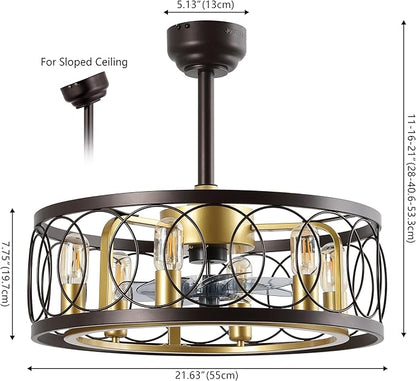JONATHAN Y 21.6" Oil Rubbed Bronze/Gold Painting Caged Ceiling Fan with Lights, 6-Speed Industrial Farmhouse Flush Mount Fan with Remote and App Control, Metal Cage Shade, 6 LED Bulbs (JYL9732B)