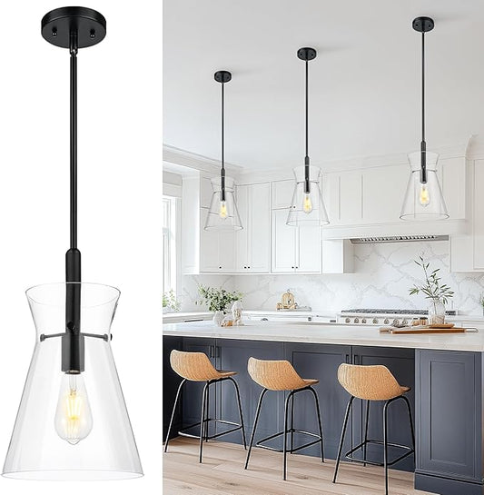 Emak Black Pendant Lights Kitchen Island, Modern 9 Inch Large Clear Glass Pendant Light, Farmhouse Hanging Lights for Kitchen, Dining Room, PL130-BK-CG