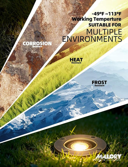 MALORY Brass Landscape Well Lights, (φ99 mm) 12V Low Voltage Outdoor In Ground Lights,Landscape Lighting for Pathway, Driveway, Garden 1 Pack with Bulb (Full Brass -01A, 10-Pack with Bulb)
