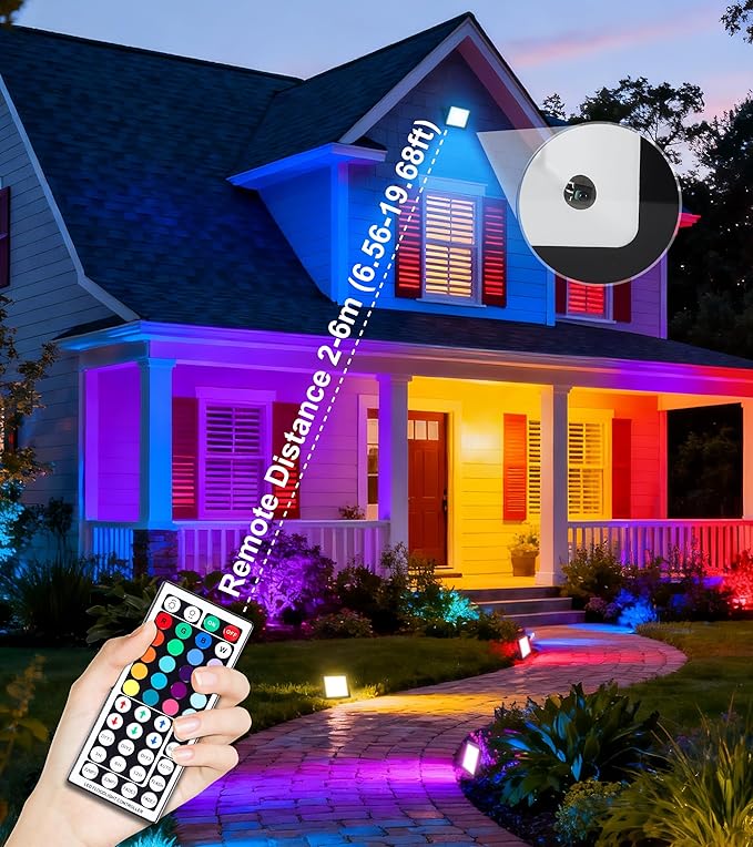100W LED Flood Light with Remote & 6.6Ft Cable, Christmas Floodlight RGB IP66 Waterproof Color Changing, 5000K White Daylight, Timing Waterproof Landscape Light, Outdoor Uplight for Event, 4 Pack