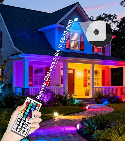 100W LED Flood Light with Remote & 6.6Ft Cable, Christmas Floodlight RGB IP66 Waterproof Color Changing, 5000K White Daylight, Timing Waterproof Landscape Light, Outdoor Uplight for Event, 4 Pack