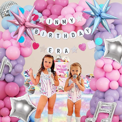 JOGAMS 184Pcs Silver Blue Pink and Purple Balloon Arch Kit with In My Birthday Era Banner Star Music Note Disco Ball Balloons for Friendship Songstar Fans Prom Karaoke Princess Theme Birthday Party
