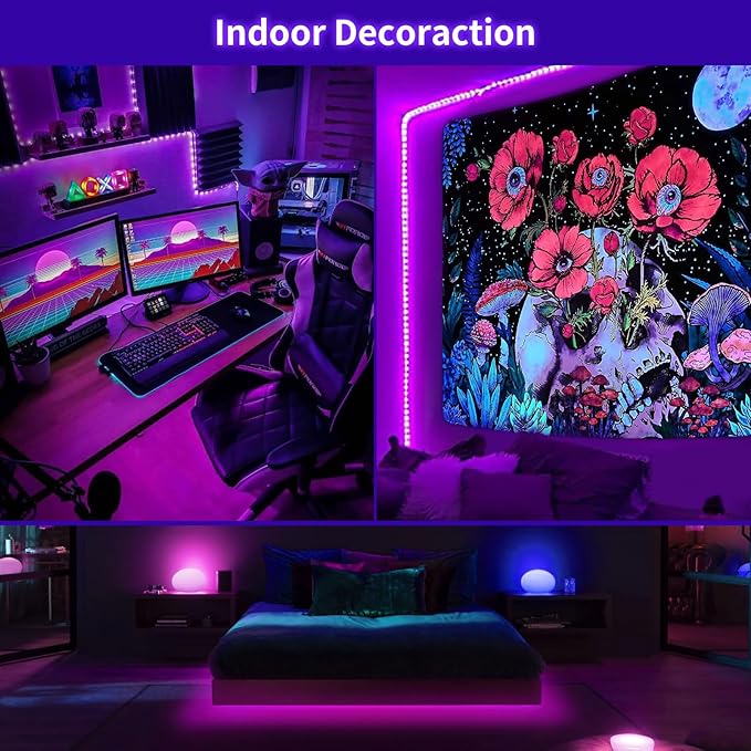Dimmable Black Light Strip Kit 66ft/20M 1200 LEDs, 12V Flexible Blacklight Fixtures, 385nm-400nm, Black Light LED Strip for Glow Party Fluorescent Poster Halloween Indoor Bedroom Decor, Non-Waterproof