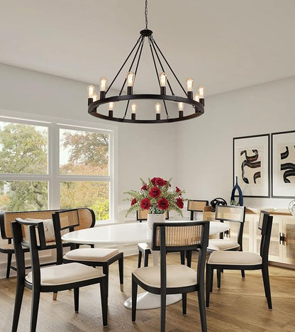 AMZASA Large Farmhouse Wagon Wheel Chandelier,Black Industrial Round 12 Lights Dining Room Light Fixture for Kitchen Living Room Foyer Hotel Dia38.2 Inches UL Listed