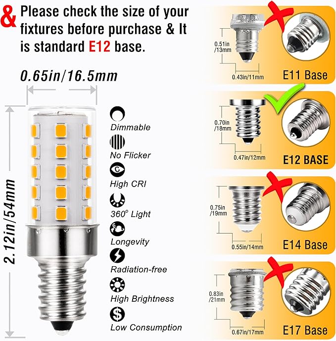 ALIDE E12 Dimmable LED Bulb 5W C7 Light Bulb,Replace 40W E12 Halogen Equivalent,Warm White 2700k T6 Base 110V 120V E12 LED Candelabra Bulbs for Ceiling Fan Chandelier Salt Lamp,450lm,10Pack