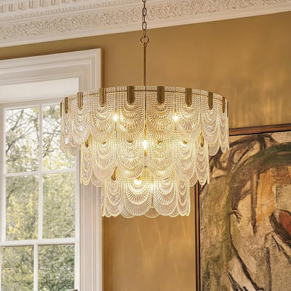 31.5-inch Glass Chandelier,Gold Glass Kitchen Island Lights,16-Light Dining Room Hanging Pendant Light Fixture for Living Room, Bedroom,Foyer, Bathroom,Entryway, Brass Finish, D31.5 xH34.6