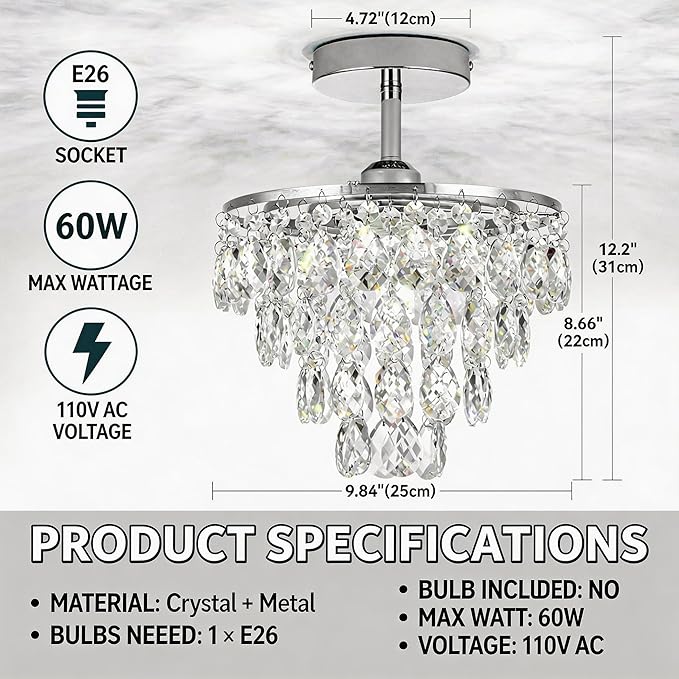 Mini Crystal Chandelier Small Modern Crystal Flush Mount Ceiling Light for Hallway Closet, E26 Base, K9 Crystal (Chrome-Ceiling)