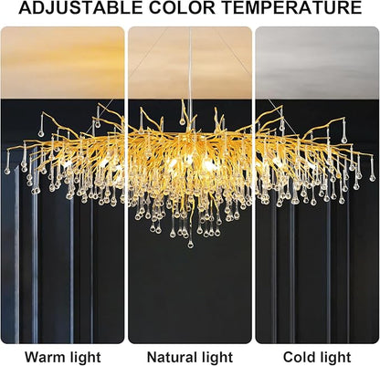 70.87 Inch Modern Crystal Chandeliers, Large Gold Branch Raindrop Chandelier, Rectangle Chandelier Lighting Fixture 19-Light for Foyer Entryway High Ceiling Dining Room, Living Room