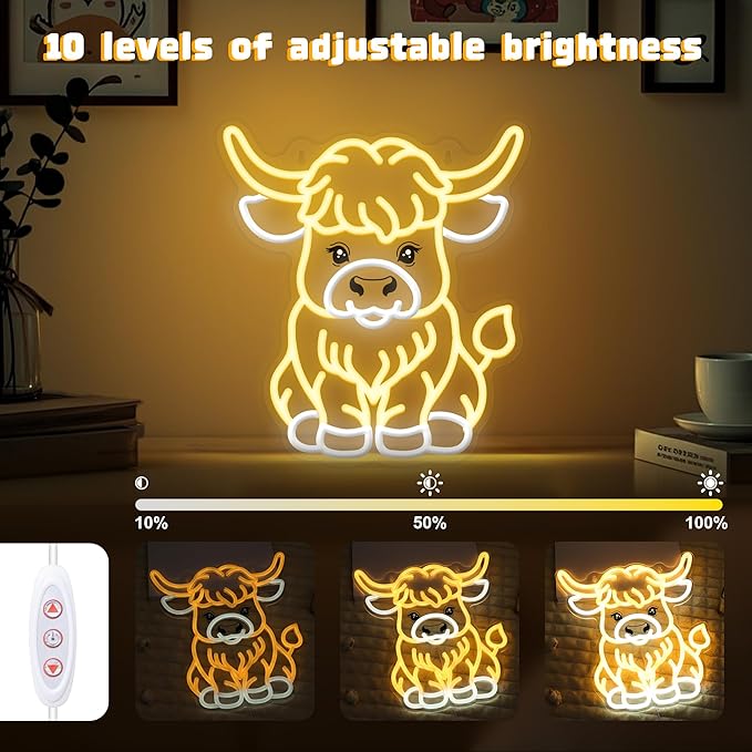 OkiyiD Highland Cow Neon Sign, Cow Decor Wall Art Gifts for Kids, Animal Themed Wall Decor for Bedroom,Living Room,Rustic Farmhouse,USB-Powered Energy-Saving Light with Hanging Kit