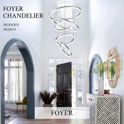Modern LED Chandelier for Foyer Dimmable Silver High Ceiling Chandeliers Foyer with Remote Control for Entryway Dining Room Living Room Staircase, 3000K-6500K(5-Rings D23.6’’)