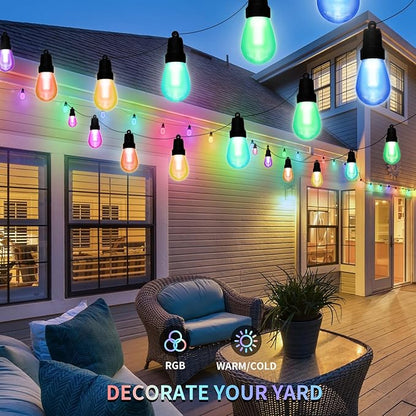 CAWWS Outdoor String Lights 50FT, Outdoor Lights for Patio with 20 Dimmable RGBW LED Bulbs, IP66 Waterproof Shatterproof, with APP Control & Remote, 24V Adapter Color Change,for Backyard Décor