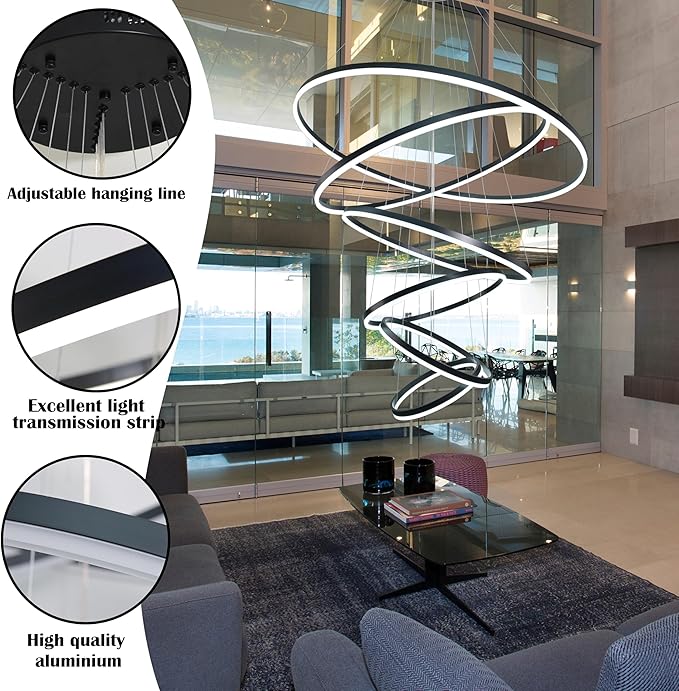6 Rings Pendant Lights 47.2'' Modern Black Led Chandelier Dimmable Height Adjustable Chandeliers Color Temperature Black Chandelier Led Pendant Light for Dining Room Bedroom Entryway