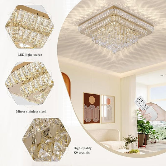 COCOSTAR Crystal Chandeliers, Modern Led Luxury Chandelier, 34" Suqare Flush Mount Chandelier Ceiling Light, Raindrop Chandeliers for Dining Room, Living Room, Bedroom, Gold