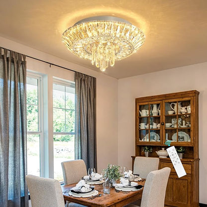 Crystal Chandelier 25W Modern Round Ceiling Light Fixture LED Raindrop Chandeliers Dimmable with Remote for Dining Room Living Room Entryway Hallway Bedroom Silver
