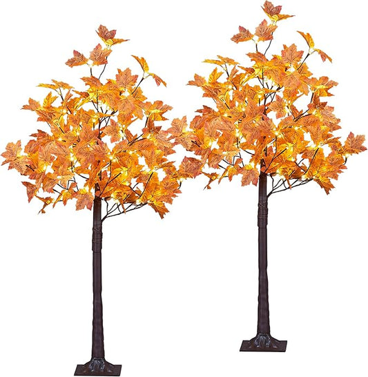 LIGHTSHARE 2PCS 4FT 144LED(72LED Each) Artificial Lighted Maple Tree Warm White Halloween Fall Decorations Indoor Outdoor, Orange