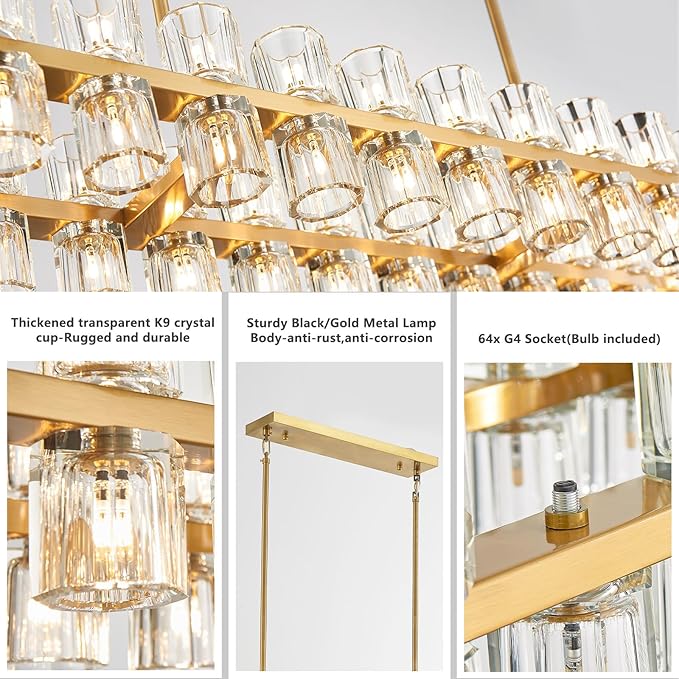 Crystal Gold Rectangular Chandelier for Dining Room, 54 in Light Fixture Dining Room Chandeliers Over Table, Modern Crystal Chandeliers Pendant Light for Kitchen Island, Living Room