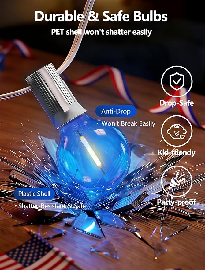 SUNSGNE 4th of July Decorations G40 LED Outdoor String Lights, 50FT Globe String Lights with 25 LED Red White and Blue Lights for Patriotic Memorial Day Decor, E12 Socket Base, White Wire