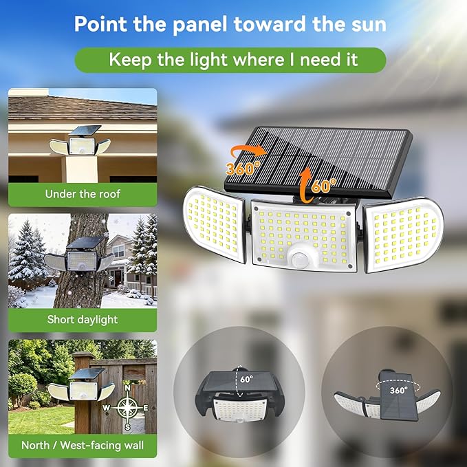 Solar Outdoor Light 4000mAh, 360 Rotatable Solar Panel, Motion Sensor with Remote Control, Multi-Direction Adjustable Side Panels, IP65 Waterproof Security Light for Yard Driveway Porch (2)