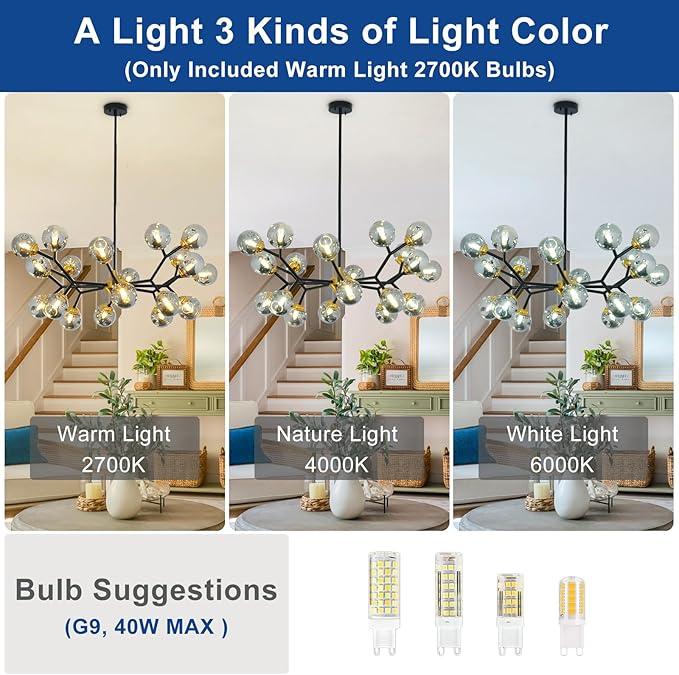 Depuley Glass Globe Sputnik Chandelier: 20-Light Modern Matte Black and Gold Ceiling Light Fixture - Vintage Hanging Chandeliers for Living Room Kitchen Dining Room Bedroom (Included G9 Bulbs)