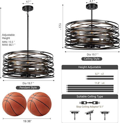 Sigaitwei 5-Light Drum Chandelier for Dining Room，19.7" Rustic Farmhouse Dining Room Light Fixture，Wood Grain and Vintage Black Metal Chandeliers for Kitchen Entryway Living Room