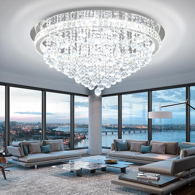 Dia 32" Modern Crystal Chandeliers for Dining Room,Silver Raindrop Chandelier Flush Mount Chandeliers for Living Room Bedrooms Dining Room Dimmable 2700k 4500k 6000k