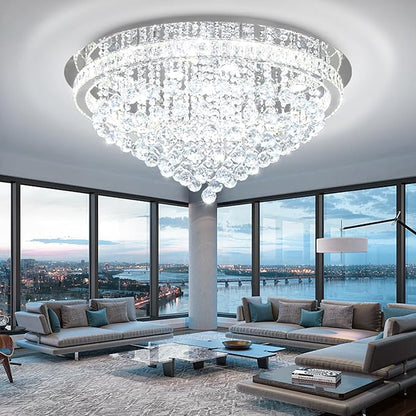 Dia 32" Modern Crystal Chandeliers for Dining Room,Silver Raindrop Chandelier Flush Mount Chandeliers for Living Room Bedrooms Dining Room Dimmable 2700k 4500k 6000k