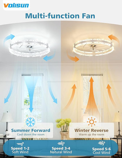 VOLISUN Low Profile Ceiling Fans with Lights and Remote, 20in Fandelier Ceiling Fans with Lights Flush Mount, Dimmable Bladeless LED Ceiling Fan Light, White Modern Ceiling Fan Light for Bedroom