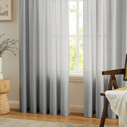 Melodieux Grey Semi Sheer Curtains 84 Inches Long for Living Room, Bedroom Linen Look Farmhouse Rod Pocket Shiny Sheer Curtain Drapes Light Filtering Home Office, 52" W x 84" L, 2 Panels