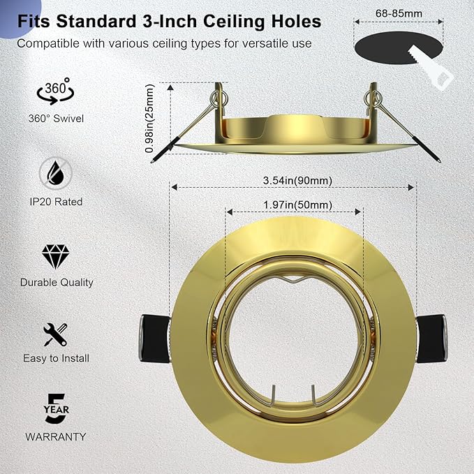 6 Pack Spotlight Fixtures Gu10 Recessed Frame Spotlight, Compatible with MR16 GU5.3 Bulbs, Adjustable Light Fitting for Cabinet Kitchen, Gold