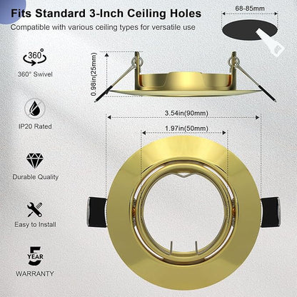 6 Pack Spotlight Fixtures Gu10 Recessed Frame Spotlight, Compatible with MR16 GU5.3 Bulbs, Adjustable Light Fitting for Cabinet Kitchen, Gold