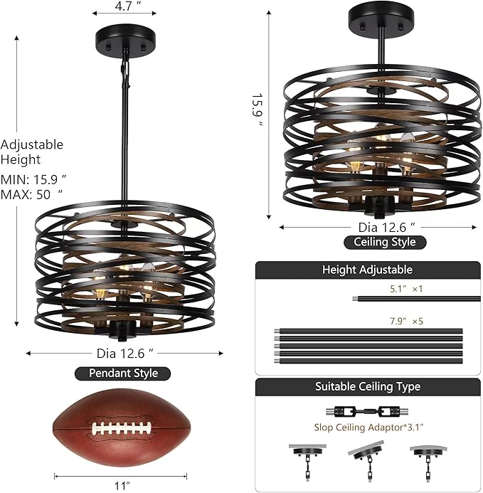 Sigaitwei 3-Light Dining Room Chandelier，12.6" Rustic Black Drum Chandeliers，Wood Grain and Vintage Light Fixture for Kitchen Entryway Living Room