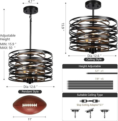 Sigaitwei 3-Light Dining Room Chandelier，12.6" Rustic Black Drum Chandeliers，Wood Grain and Vintage Light Fixture for Kitchen Entryway Living Room
