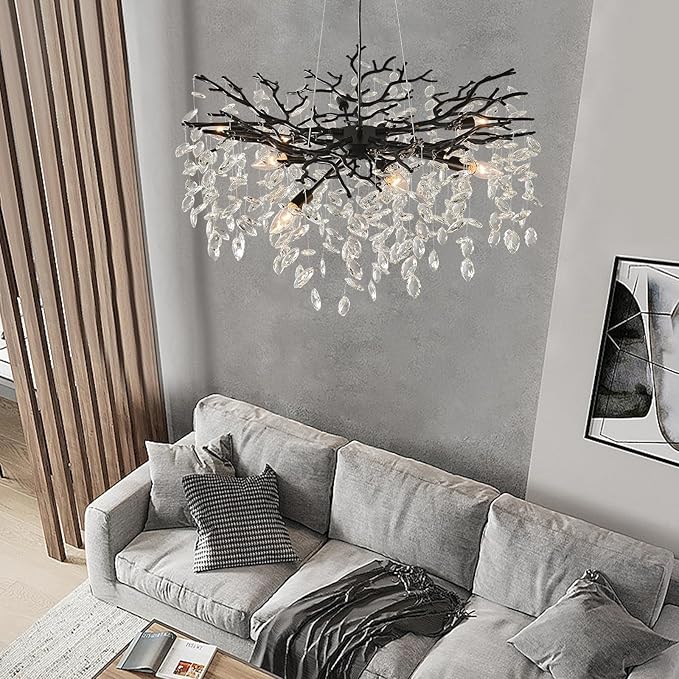 EGM Tree Branch Crystal Chandelier, 32 Inch Living Room Black Crystal Chandelier 10-Light(E12), Hanging Branch Chandeliers for Dining Room Bedroom Foyer