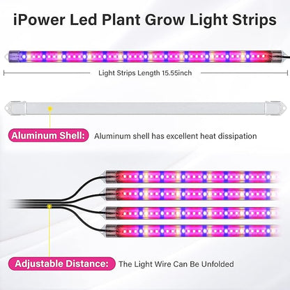 iPower 60W LED Plant Grow Light Strips Full Spectrum for Indoor Plants with Auto ON/Off 3/9/12H Timer, 10 Dimmable Levels 48 LEDs Per Tude, for Hydroponics Succulent, 4 Tubes, Mix