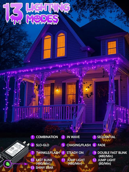 2-Pack 200 LED Extendable Halloween Lights, 66FT Purple Halloween Decorations String Lights Outdoor Indoor Tree Lights, 13 Modes Plug in Mini Fairy Lights Waterproof with Timer and Memory Function