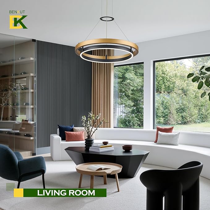 Benkut Modern LED Chandelier Black Gold Dimmable Circular LED Pendant Light with Remote Ring Chandelier Dining Room Light Fixtures for Kitchen Island Living Room Entryway, D23.6in
