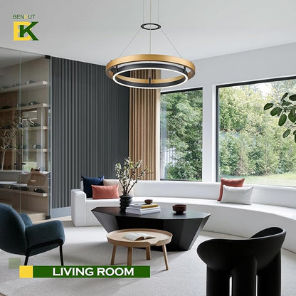 Benkut Modern LED Chandelier Black Gold Dimmable Circular LED Pendant Light with Remote Ring Chandelier Dining Room Light Fixtures for Kitchen Island Living Room Entryway, D23.6in