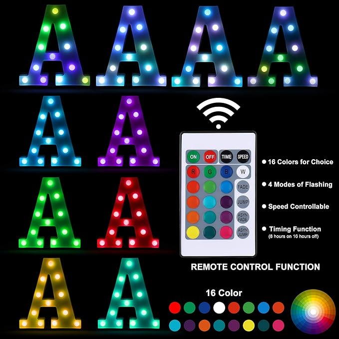 Foaky Colorful LED Letter Lights with Remote,Marquee Light Up Letters Sign for Night Light Wedding/Birthday Party Battery Powered Christmas Lamp Home Bar Decoration(E)