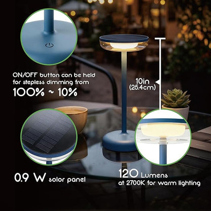 Cocktail Style Solar Table Lamp – Cordless LED Light with USB-C Charging, Dimmable Warm 2700K Glow, Weather Resistant for Indoor/Outdoor Use – Blue, 1 Pack