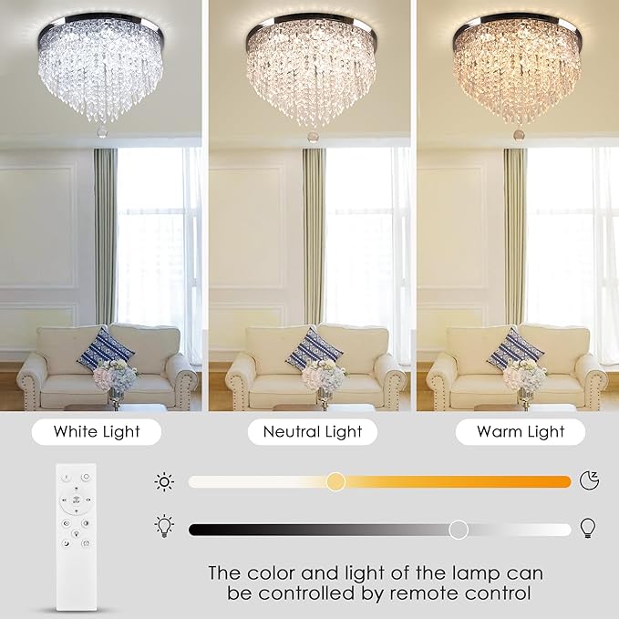 Modern 19.7" Crystal LED Ceiling Light with Remote Control, Flush Mount Chandelier, Dimmable & 3 CCT, 5-Tier K9 Crystal, Chrome Finish for Living Room Bedroom Dining Room