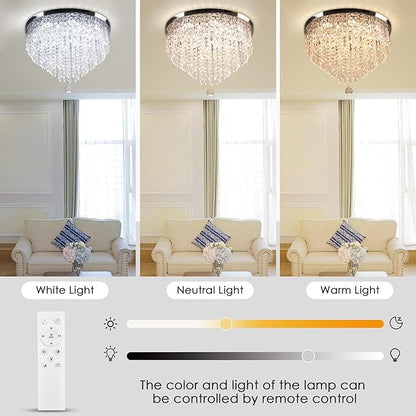 Modern 19.7" Crystal LED Ceiling Light with Remote Control, Flush Mount Chandelier, Dimmable & 3 CCT, 5-Tier K9 Crystal, Chrome Finish for Living Room Bedroom Dining Room